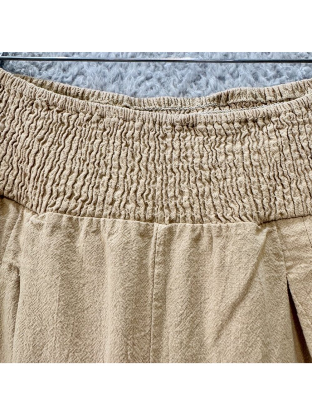 Wide-Leg Women's Linen Cropped Pants Smocked Waist Tan Relaxed Fit Boho Breezy - Picture 3 of 11
